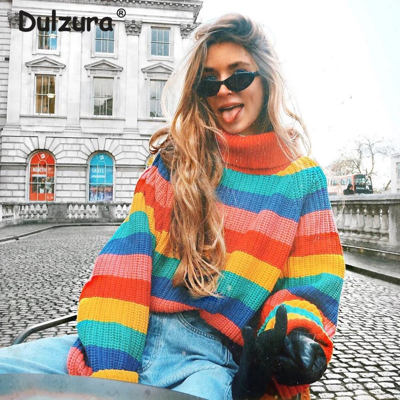 Women Colorful Rainbow Stripe Turtleneck Sweater INS Fashion Girls Pullovers Spring Knitwear Loose Jumpers | Женская одежда