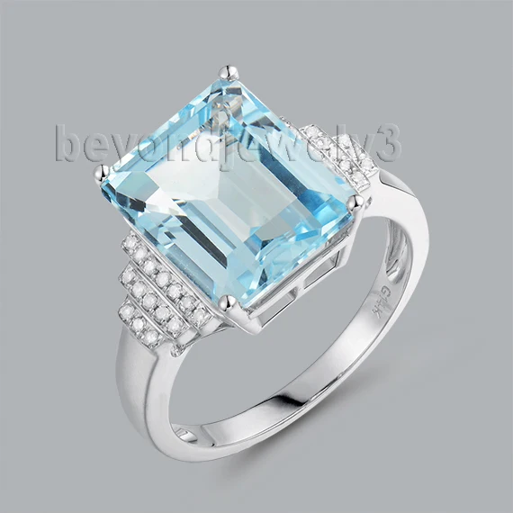 

Rings For Women Natural Gemstone Blue Topaz Ring Jewellery Emerald Cut 10x12mm Solid 14K White Gold Genuine Diamonds Jewelry