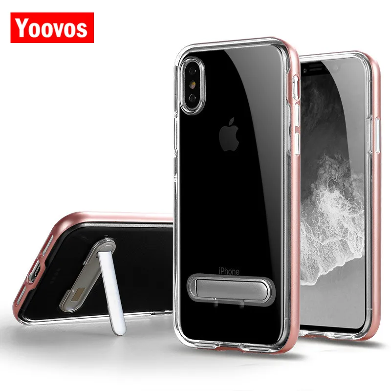 Yoovos New Kickstand transparent Phone Cases For IPhone 7 6 8 Case Iphone 6Plus 7Plus 8Plus X PC Back And Soft TPU Frame |