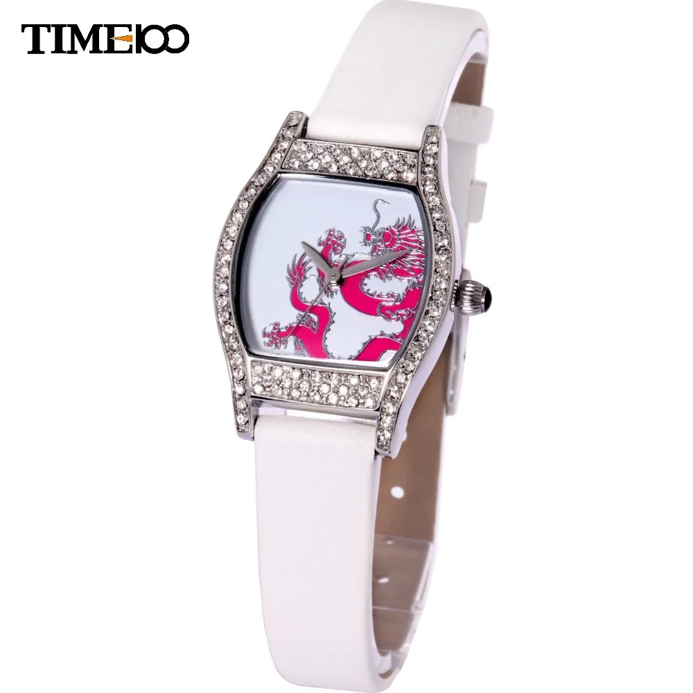 

New TIME100 Ladies Quartz Watch Dragon Pattern Tonneau Diamond White Leather Strap Dress Watches For Women's relogio feminino