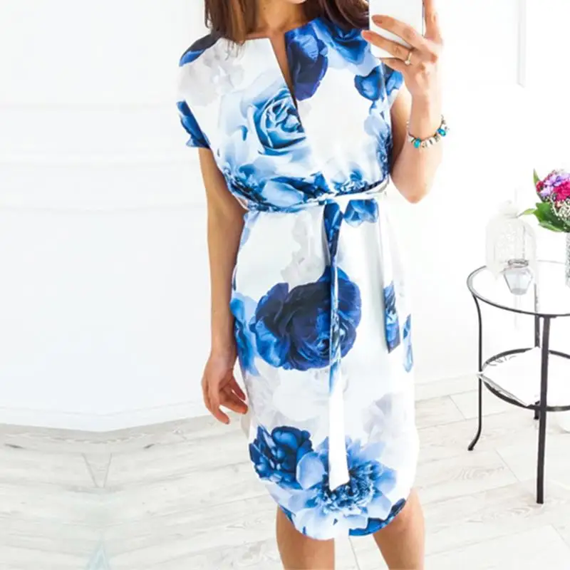 

Spring Summer Short Sleeve Office Dress V Neck Print Vestidos Female Party Robe Women Casual Mini Dress WS5363C