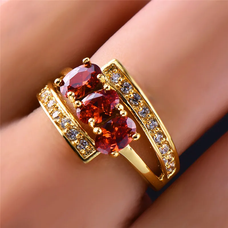 

Luxury Female Three Red Stone Cross Ring Fashion Yellow Gold Filled Double Layers Ring Cute Engagement Wedding Rings For Women
