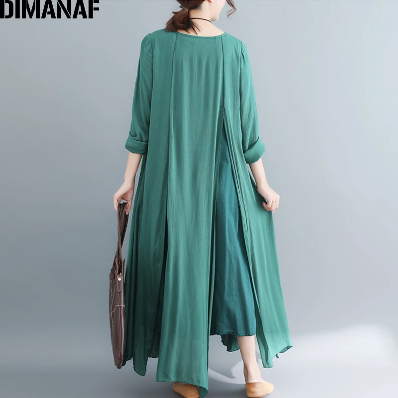 DIMANAF, женские длинные платья, хлопок, лен, элегантные, для девушек, Vestidos, осень размера плюс, женская одежда, свободное, соединенное, винтажное платье