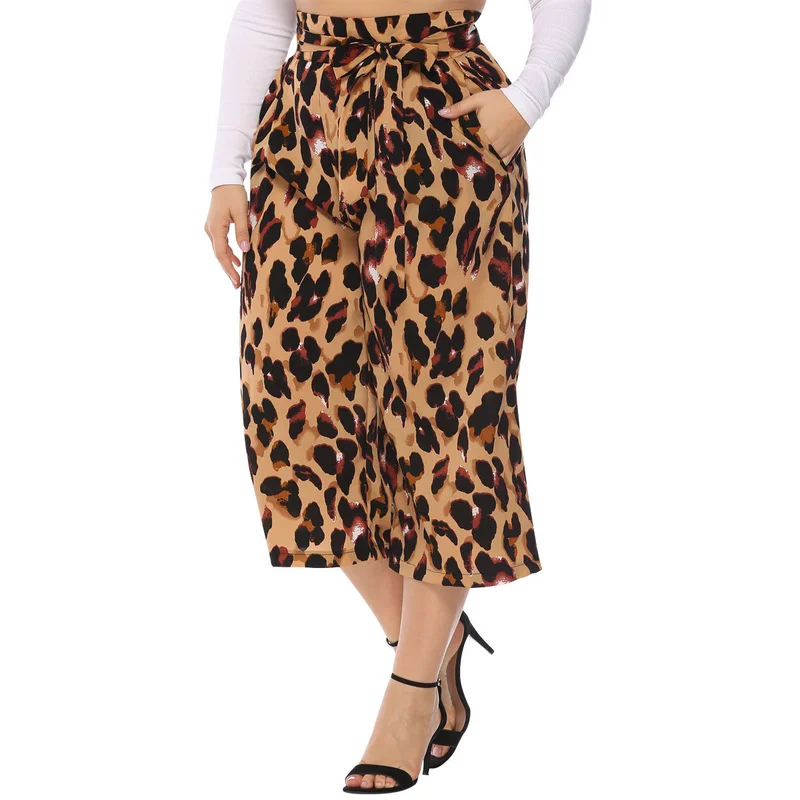 Женские брюки большого размера с бантом шнуровкой высокой талией леопардовым