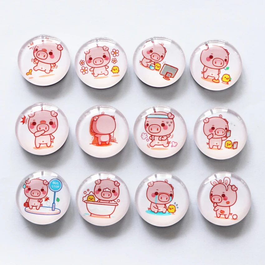 

Free shipping (12pcs/lot)Kawaii Pig Crystal Glass Fridge magnet Cute Round Cartoon animal message sticker Home Decor kids gift