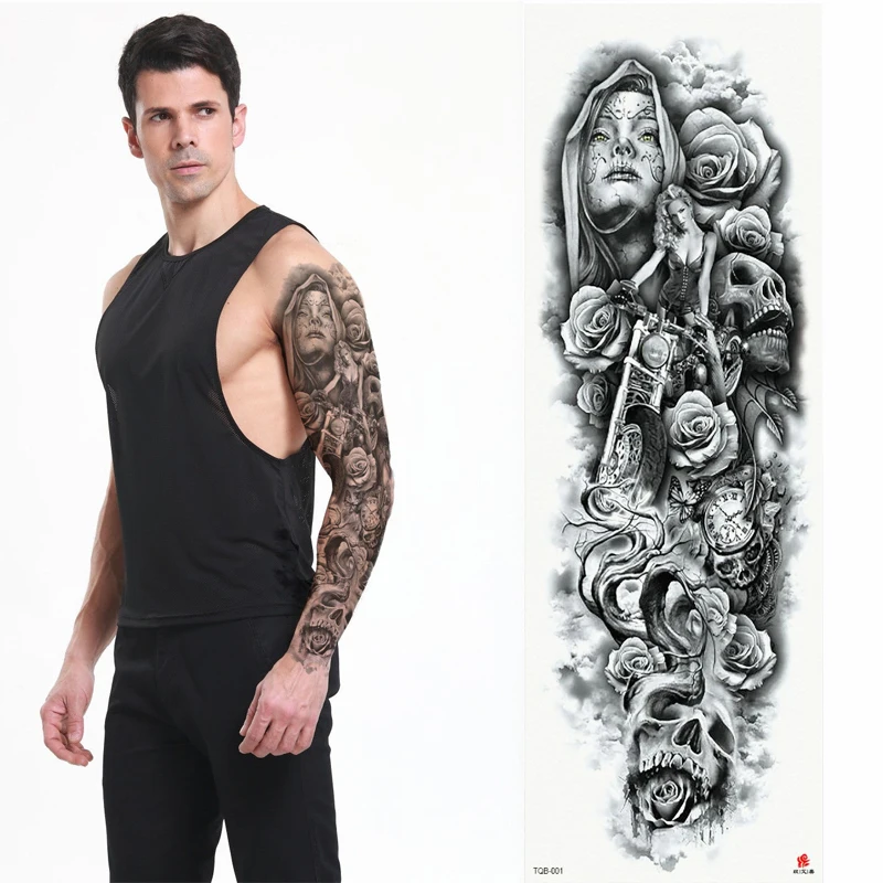 

New 1 Piece Temporary Tattoo Sticker dead Skull pattern Full Flower Tattoo with Arm Body Art Big Large Fake Tattoo Sticker