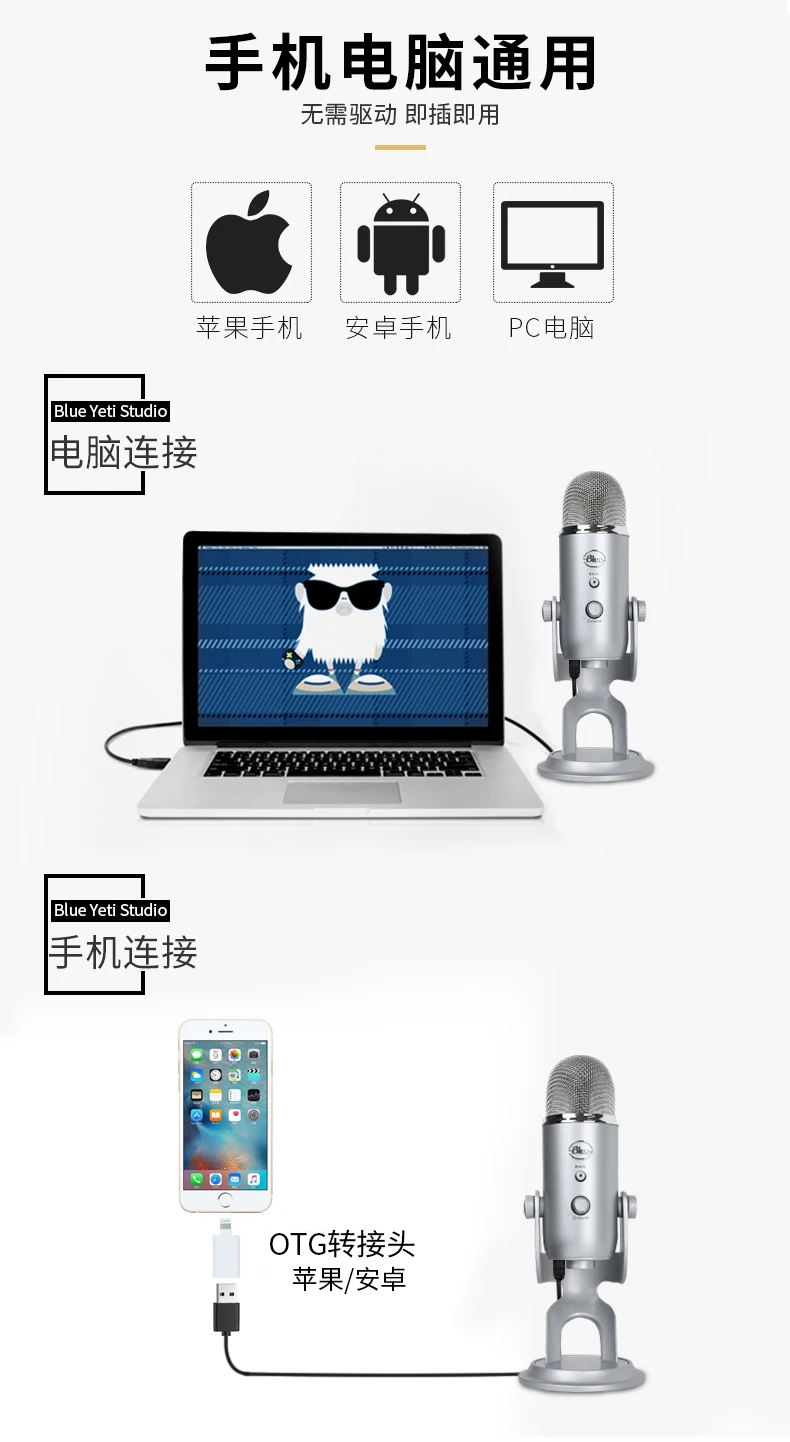 Синий USB конденсаторный микрофон Yeti для прямого вещания и записи звука с внутренней звуковой картой Plug and play