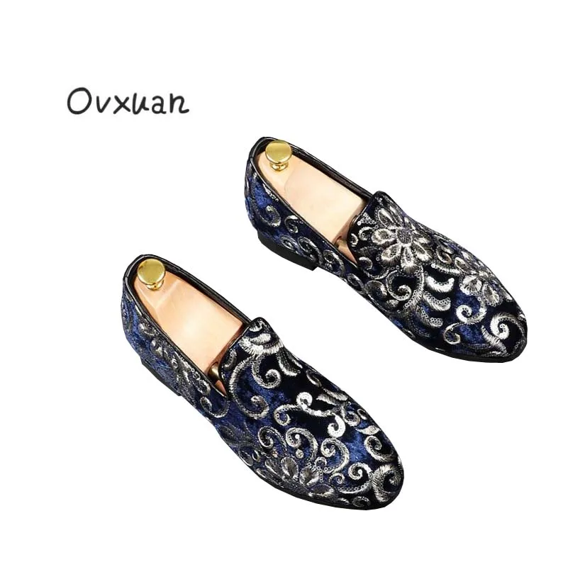 

OVUXAN Yuppie Floral Sequin Embroider Velvet Patchwork Slip On Low Heel Prom Banquet Loafers Men Spring Autumn Leather Shoes