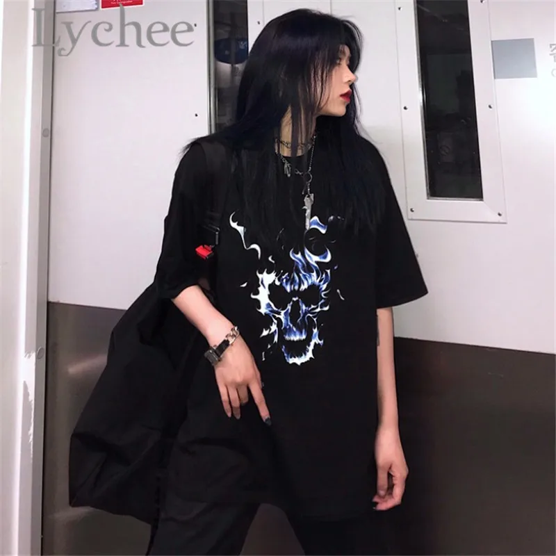 Lychee Harajuku Ghost Flame Print Lady Футболка Топ тройники круглый вырез свободный короткий рукав весна лето женские футболки Топ тройники