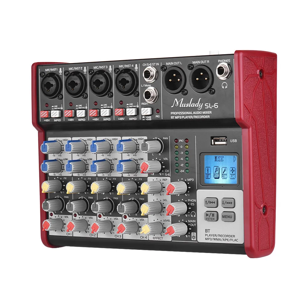 Muslady SL-6 6-канальный смешивания консольный микшер 2-полосным эквалайзером встроенный 48V Phantom Мощность поддерживает подключения BT USB MP3 плеер для ди-джей