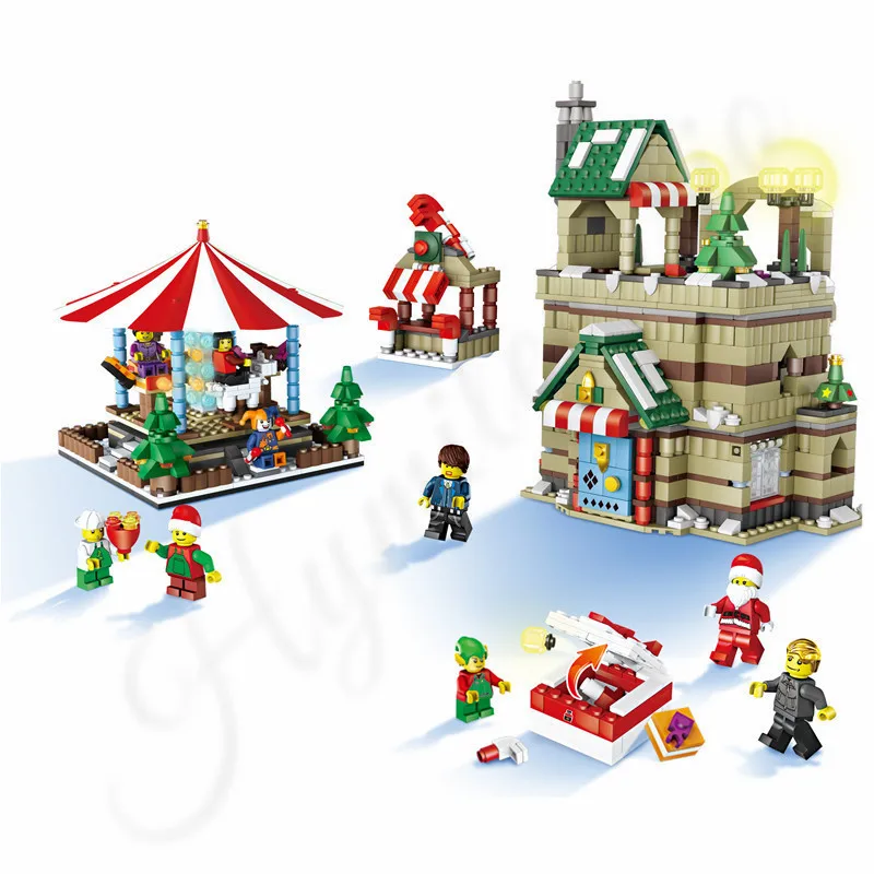 Зимняя деревня Рождество модульный создатель Санта Клаус Олень Строительные