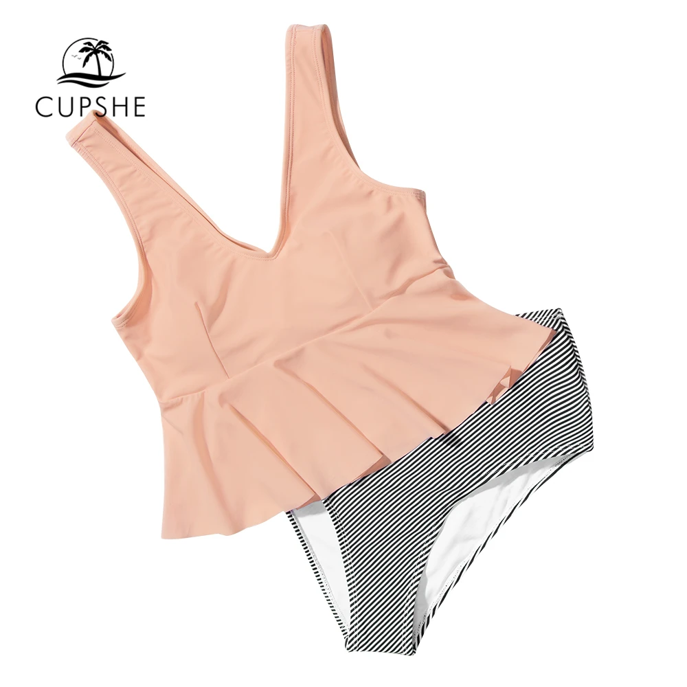 CUPSHE/розовые бикини с баской и полосками женские купальники оборками высокой