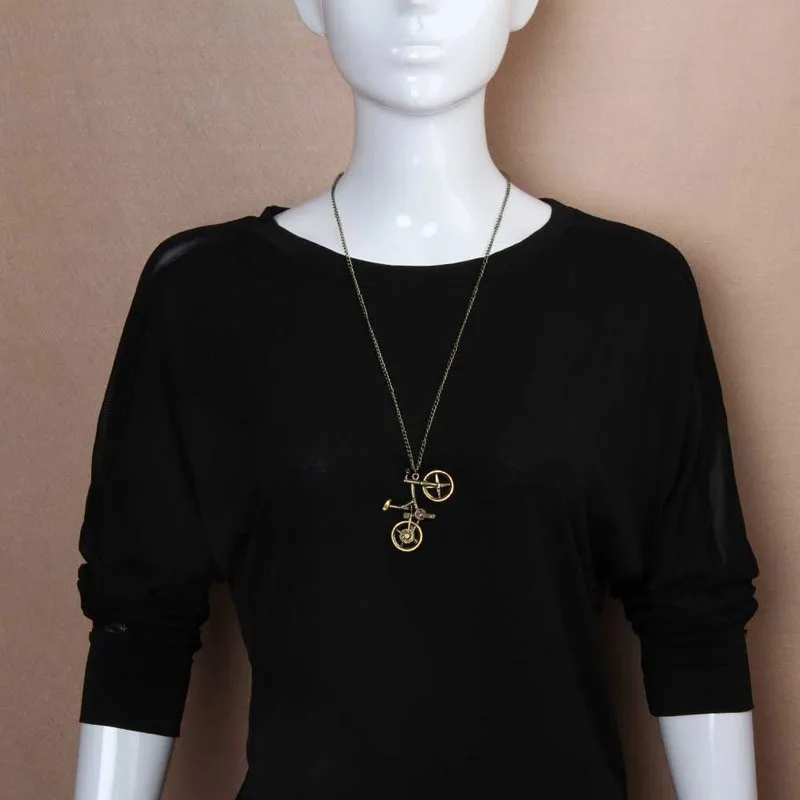 

Europe & America Hot Sale Vintage Style 3D Bicycle Bike Pendant Fashion Bronze Sweater Long Chain Necklace