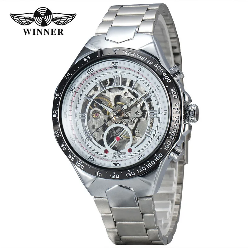 silver whtie Relogio masculino WINNER мужские часы Топ бренд Роскошные военные спортивные автоматические механические наручные часы Скелет Мужские часы 0014 - Цвет: silver whtie