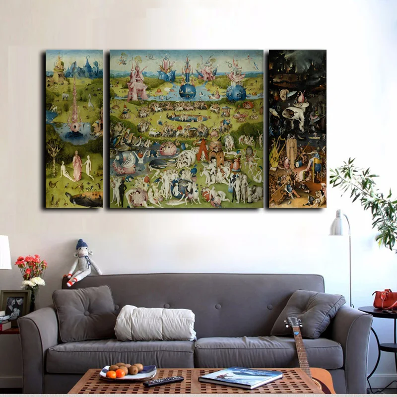 

3Pcs Canvas Prints Wall Art - Hieronymus Bosch Famous Oil Painting The Garden of Earthly Delights Prints On Canvas Home Decor