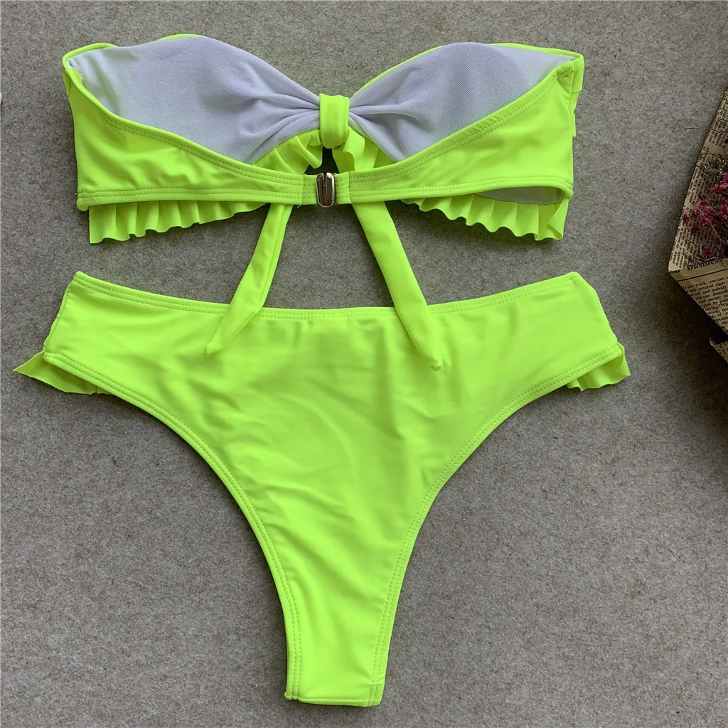 Женский купальник бикини SAGACE однотонный с бантиком пуш ап низкая талия оборками