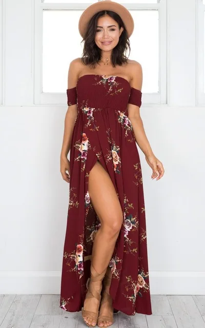 Шифоновое длинное платье для женщин с открытыми плечами макси платья vestidos сексуальное Белое летнее пляжное платье с разрезом в стиле бохо - Цвет: Red