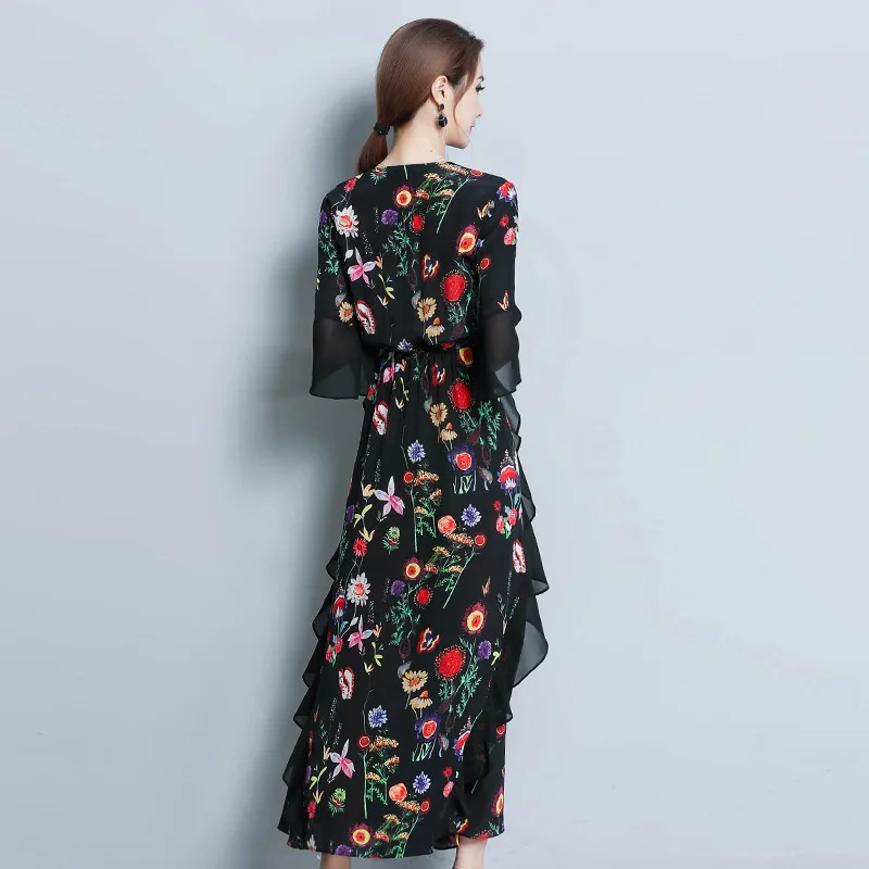 

spring and summer new silk chiffon print ladies dress fashion slim loose seven-point sleeve dress high quality elegance vestidos