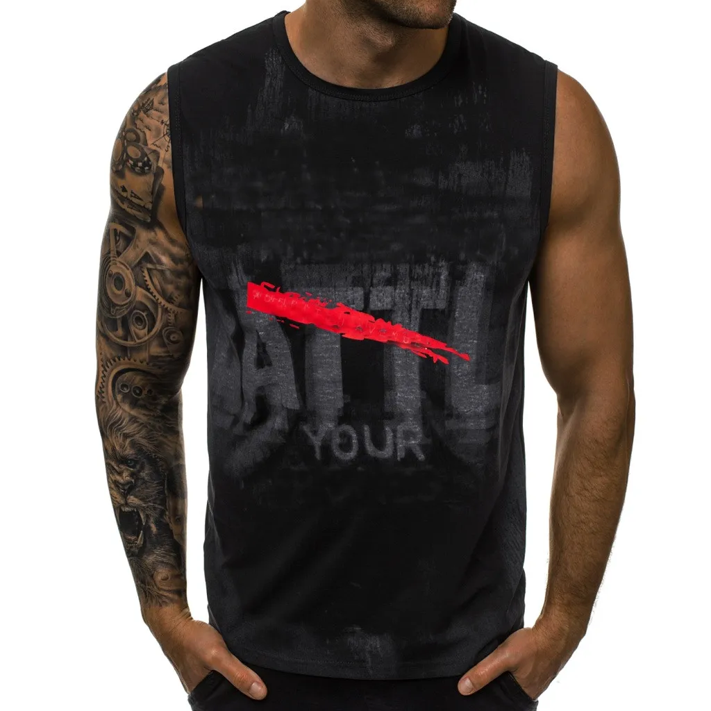 Polyester blouse Men Letter Printed sport men Casual sleeveless top Vest Striped Splice Large Open-Forked Male Daily W0710 | Мужская