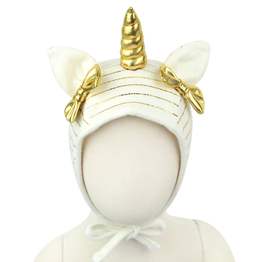 Nishine Gold Unicorn Horn Hat Bow Tie Newborn New Caps Turban Beanie Kids Headwear Photography Props Birthday Gift |