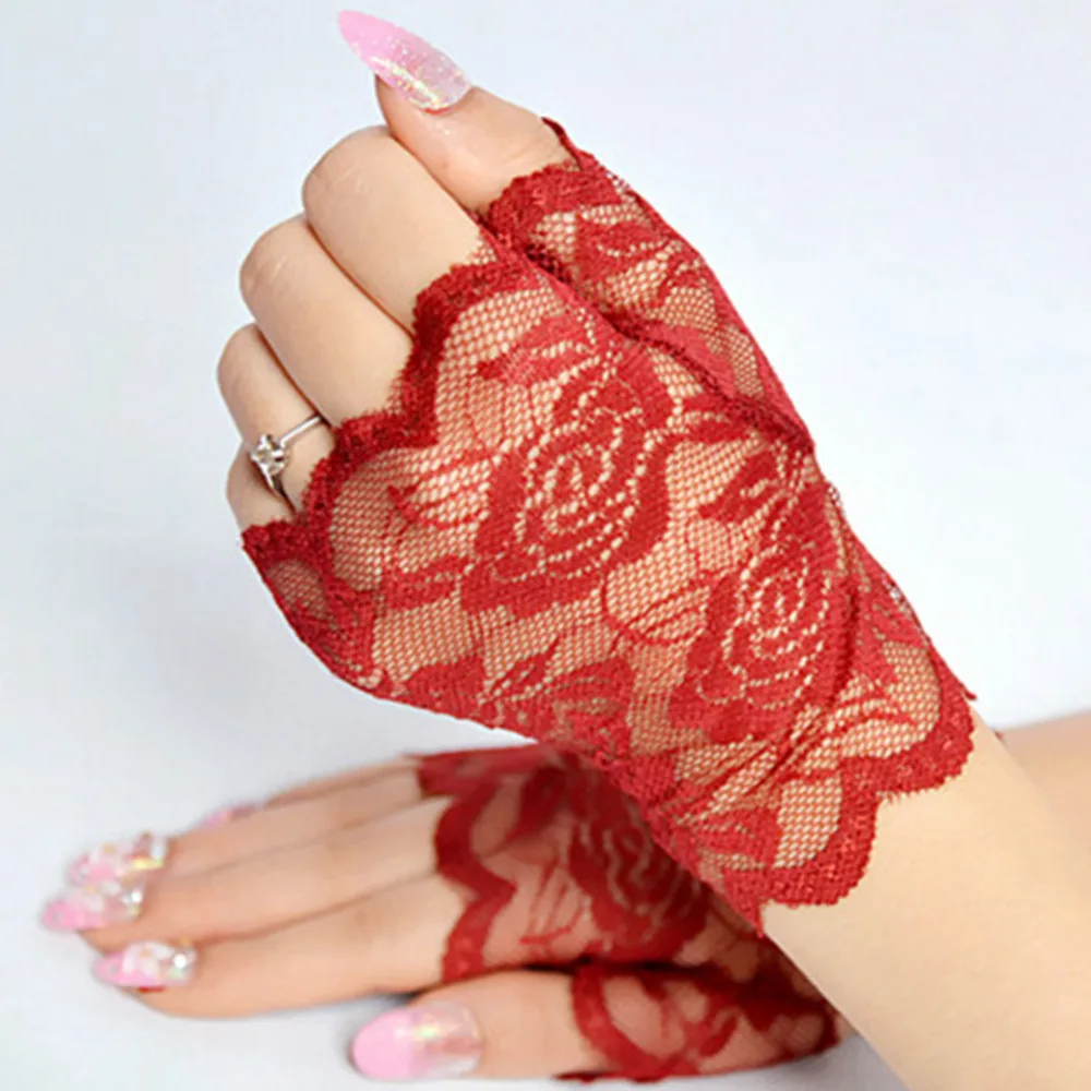 Женские кружевные цветочные перчатки без пальцев прозрачные черные розовые с