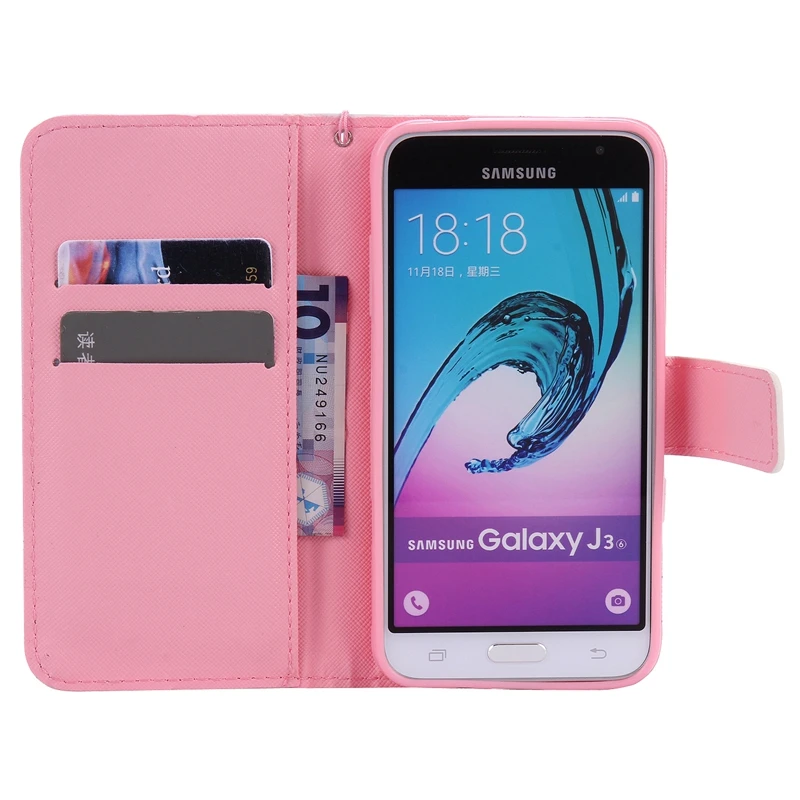 Чехол книжка для Samsung Galaxy J3 2016 кожаный чехол кошелек с милым котом фламинго J310