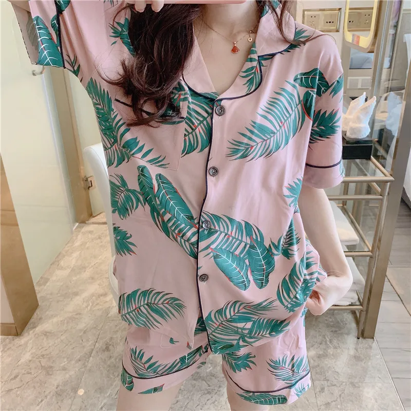 Женская пижама с коротким рукавом Хлопковая летняя Домашняя одежда 2019|Комплекты