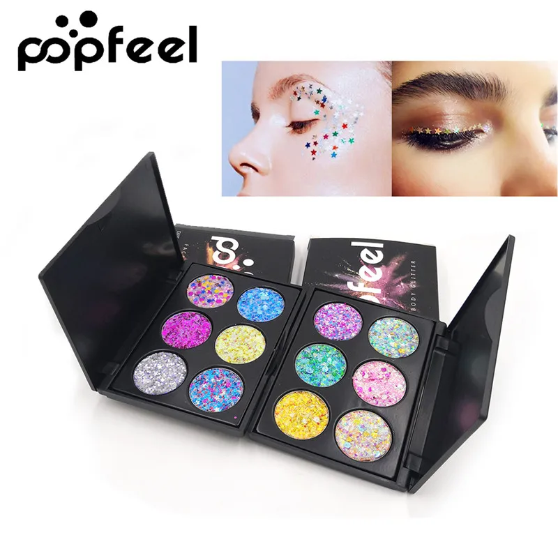 POPFEEL, 6 цветов, блестящий макияж, палитра теней для век, детские, для сцены, фестиваля, вечерние, для макияжа, мерцающие блестки, блестящие тени для век, палитра