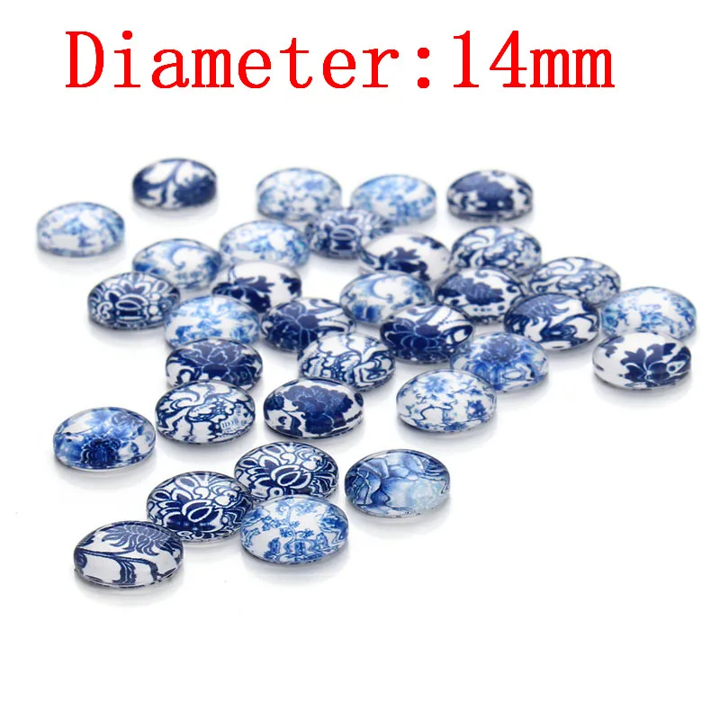 14mm 30 шт./лот, 10, 12, 14, 20 мм, круглые синие и белые фарфоровые бусины с плоской задней стороной, стеклянные Кабошон для изготовления ювелирных изделий - Цвет: 14mm