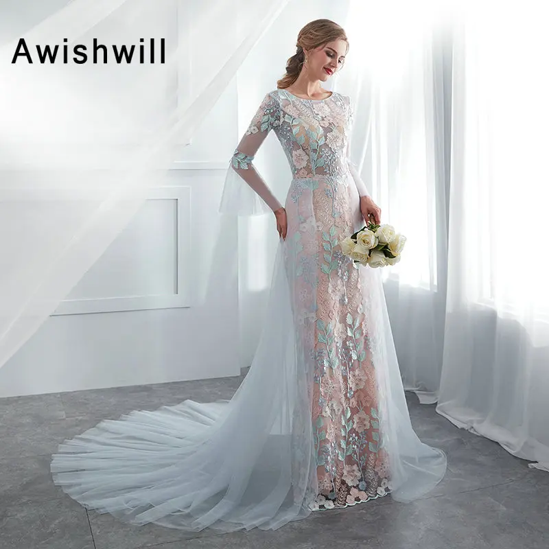 

Sexy Illusion Women Prom Dresses Long Flower Lace Tulle Sweep Train Vestidos de Fiesta Long Sleeves Evening Gowns Real Sample