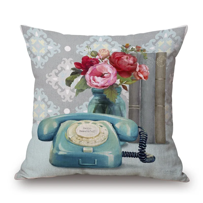 Подушка в винтажном стиле с рисунком льняная хлопковая декоративная