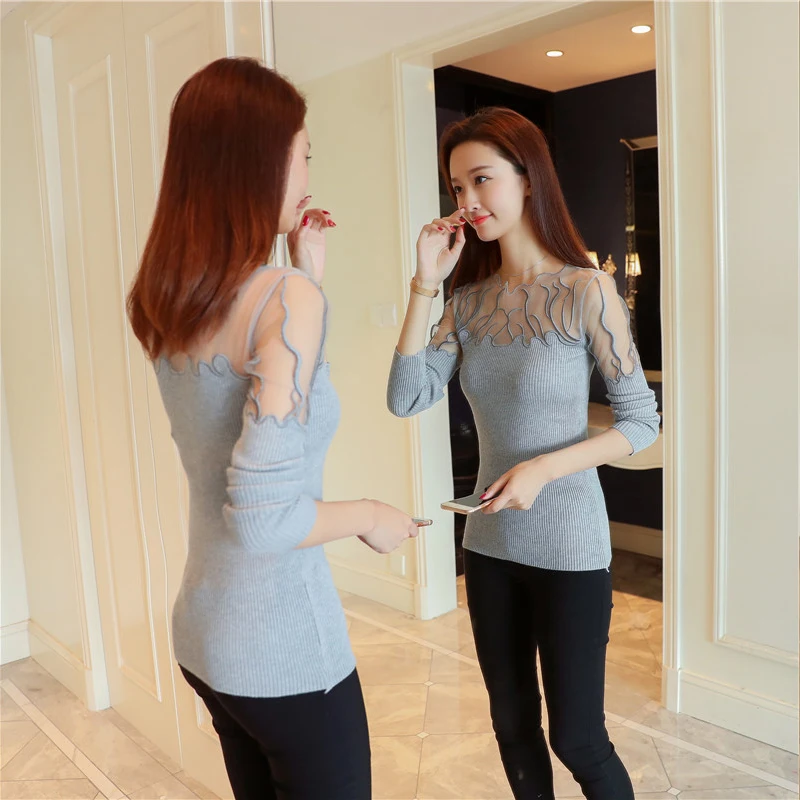 

2020 Hitz head lace flounces Korean sweater slim slim female long sleeved shirt color sweater