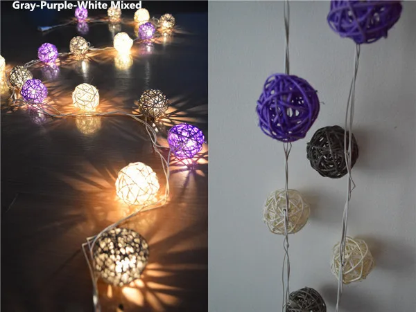 Gray purple white 20 шт./компл., цвет: черный, серый, белый, Микс ручной работы ротанга шарики гирлянды Фея вечерние гирлянда Патио Декор ночника - Цвет: Gray purple white