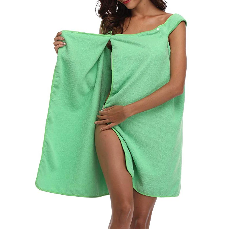green Пляжное полотенце из микрофибры QuickDry, пригодное для носки, банное полотенце, халат, Мягкая юбка на пуговицах для молодых девушек, женщин, впитывающее банное платье - Цвет: green