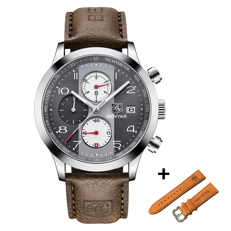 L Brown Silver Gray BENYAR новые модные спортивные часы с хронографом, мужские брендовые кварцевые синие часы с кожаным ремешком, мужские часы Reloj Hombre - Цвет: L Brown Silver Gray