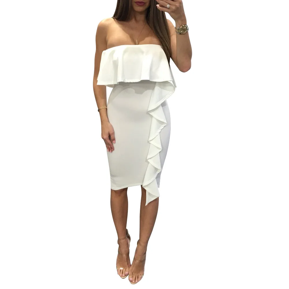 Белый без бретелек оборками Chic Bodycon платье Новая Для женщин рукавов с открытыми