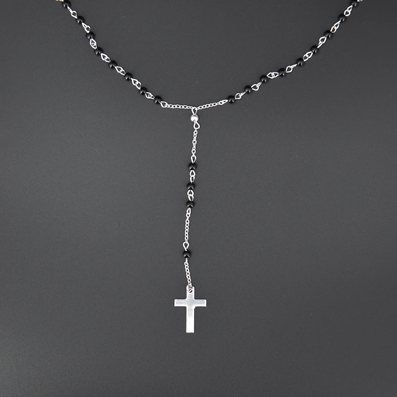 silver Long Tassel Cross Pendant Necklaces for Women Jewelry Sweater Rosary Black Beads Chain Necklace Collier Femme Kolye Bijoux - Окраска металла: silver