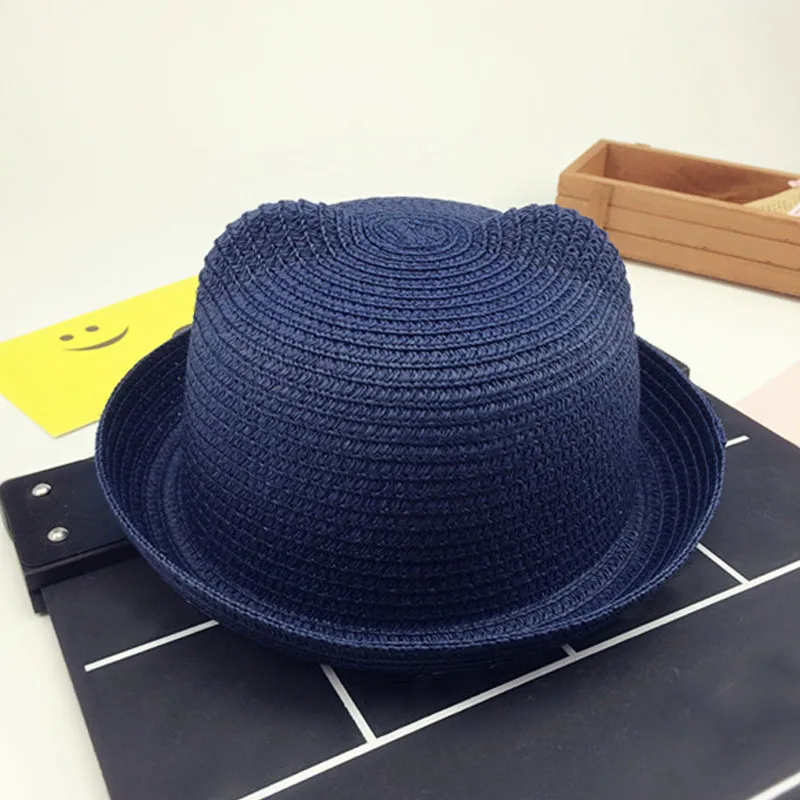 Navy Blue Модные соломенные шляпы для девочек и мальчиков, летняя детская шляпа от солнца, красивая детская однотонная шапочка с изображением кошки, украшения в виде ушек, FDC99 - Цвет: Navy Blue