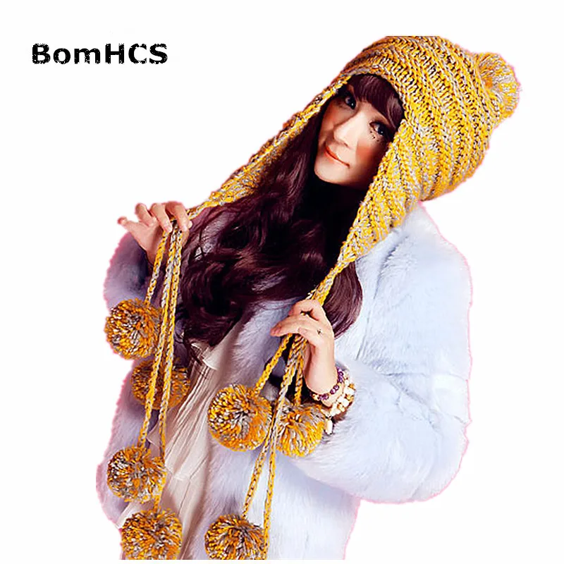 BomHCS 100% Handmade Warm Knitted Women's Girls Earflap Beanie Cute Fashion Hat with 9 Poms
