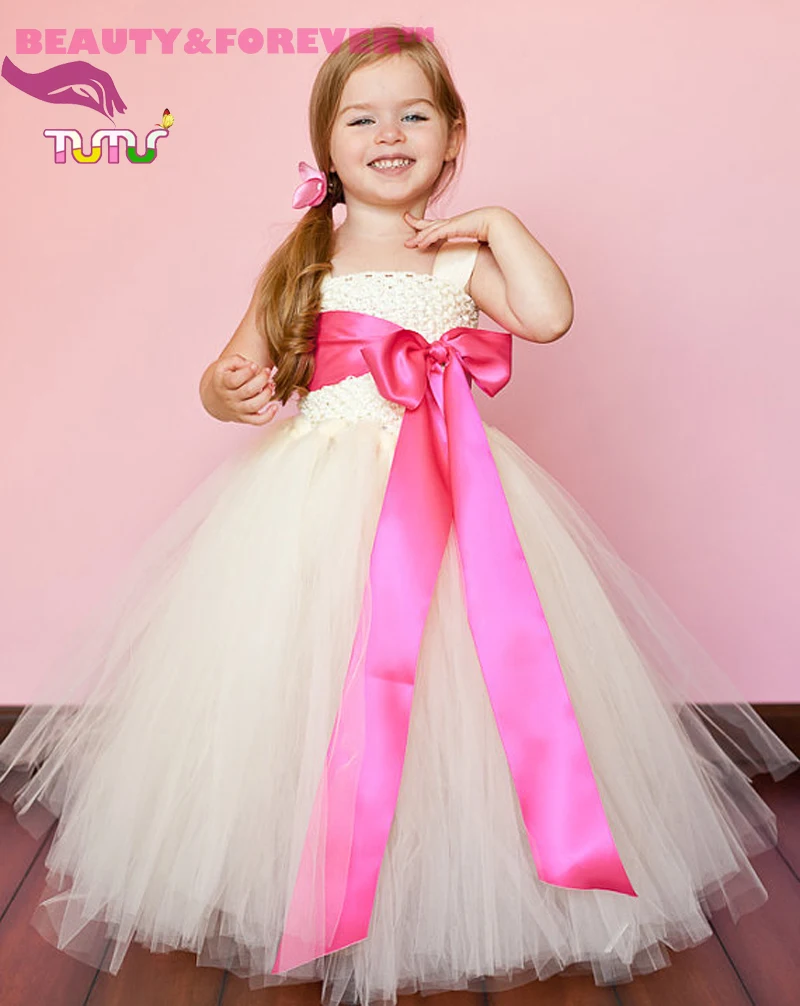 Handmade Lined crochet tank top hot pink sash ivory tutu girl dress for wedding |