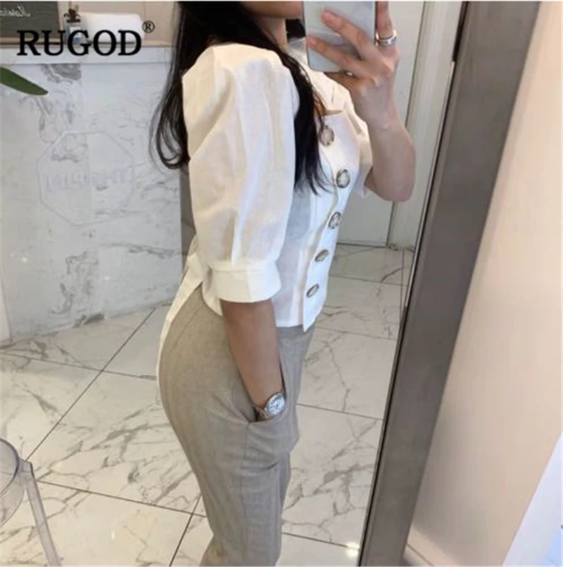 RUGOD New Arrival Women Solid Slim Shirt Square Collar Half Puff Sleeves Single-breasted Blouse Korean Temperament Tops