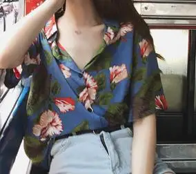 75001blue blouse Woherb, модные летние топы с цветочным принтом, богемная блуза, рубашки с коротким рукавом, повседневные корейские Блузы 75001 - Цвет: 75001blue blouse