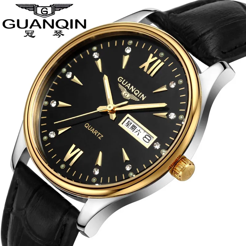 GUANQIN 30m Waterproof Quartz Watch Men Watches Brand Hardlex Luminous Leather Fashion Luxury Analog Wristwatch | Наручные часы