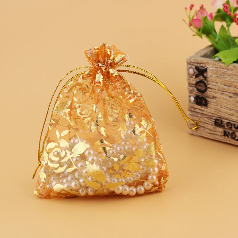 

500pcs/lot Drawable Orange Color Rose Small Organza Bags 7x9cm Favor Wedding Christmas Gift Bag Jewelry Packaging Bags & Pouches