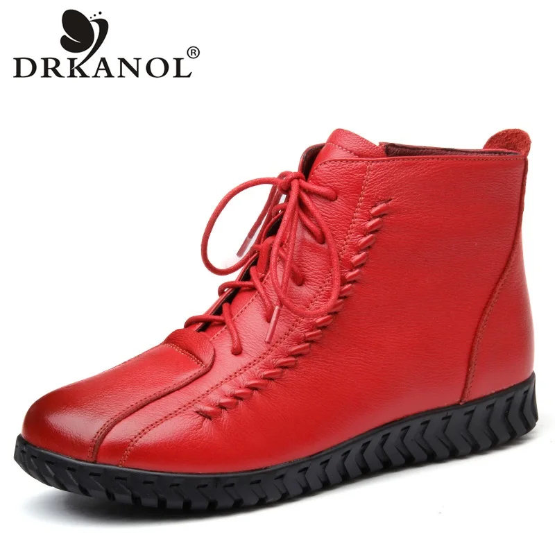 DRKANOL/; женские зимние ботинки; мягкие ботильоны martin из натуральной коровьей кожи на плоской подошве; женская зимняя теплая обувь для мам; bottine femme