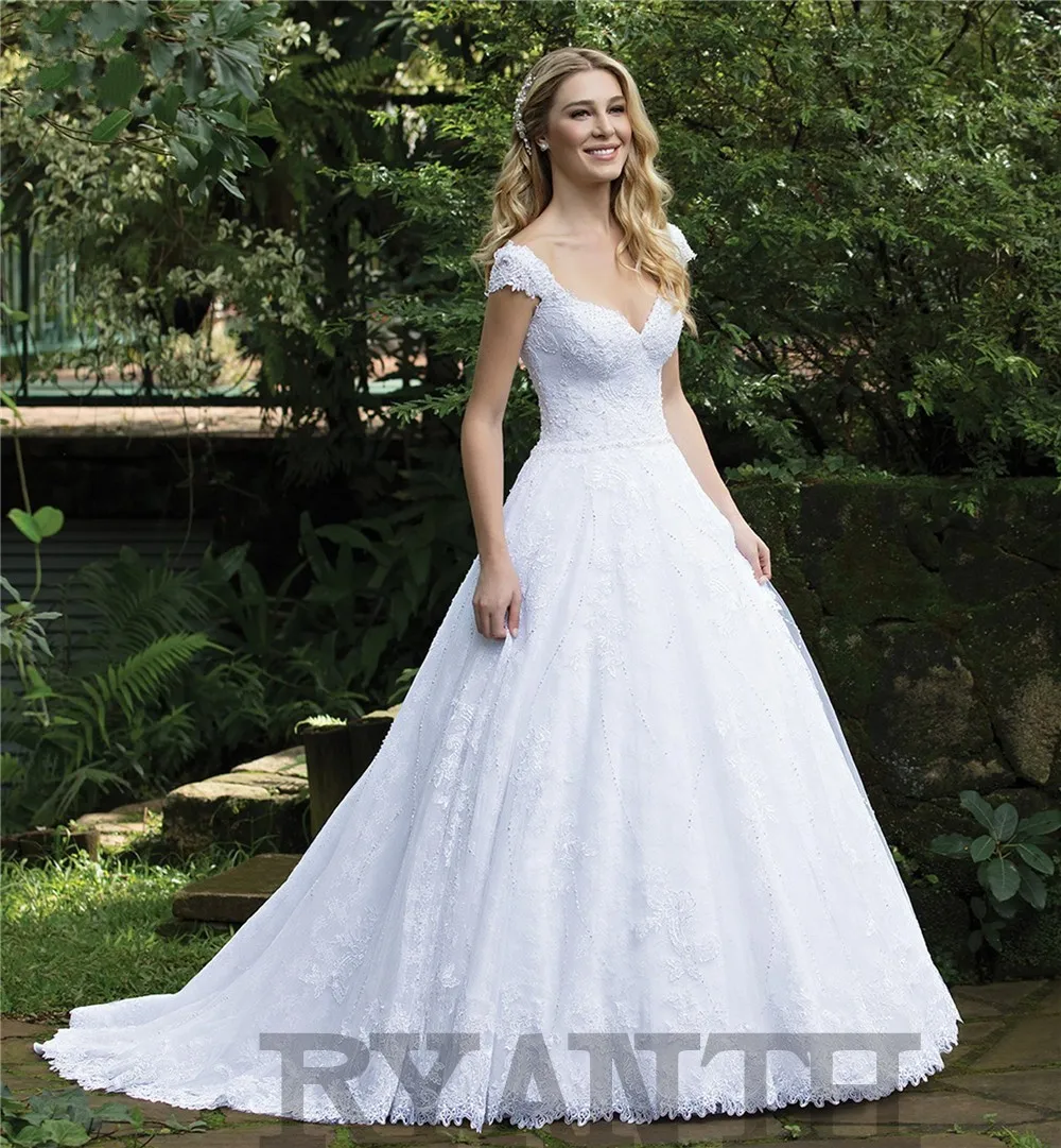 

Vestido de noiva Luxury Beads A Line Wedding Dress 2019 New Arrival Robe de mariee Custom Made Lace Pearls Weddding Gowns