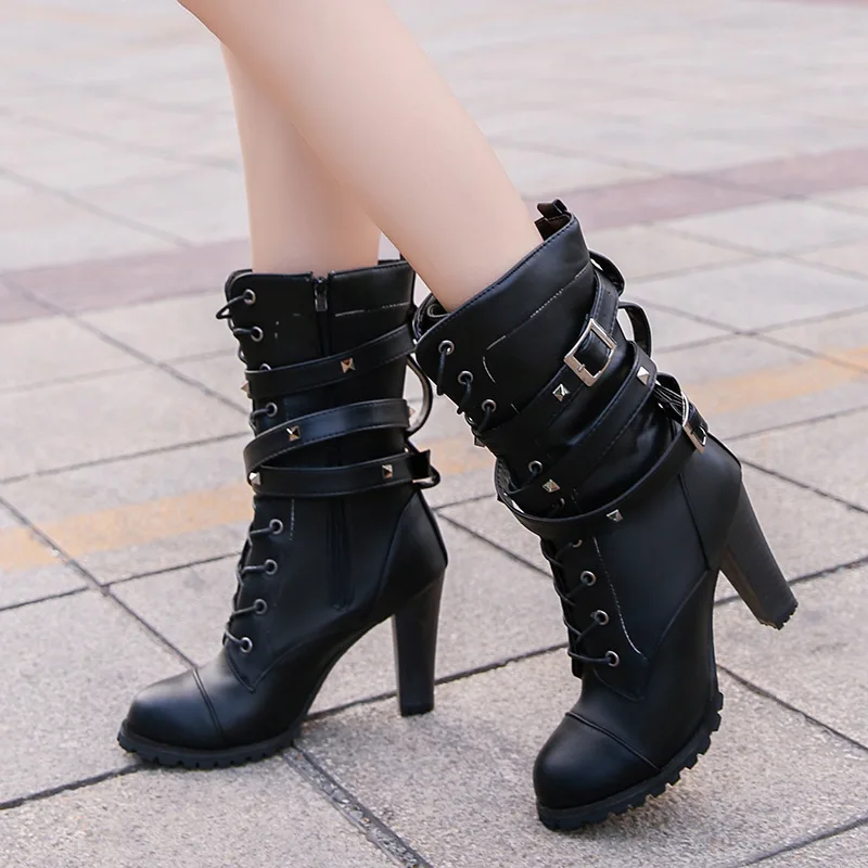 2018 г. Новые зимние мотоботы женские пикантные кожаные сапоги до середины икры на