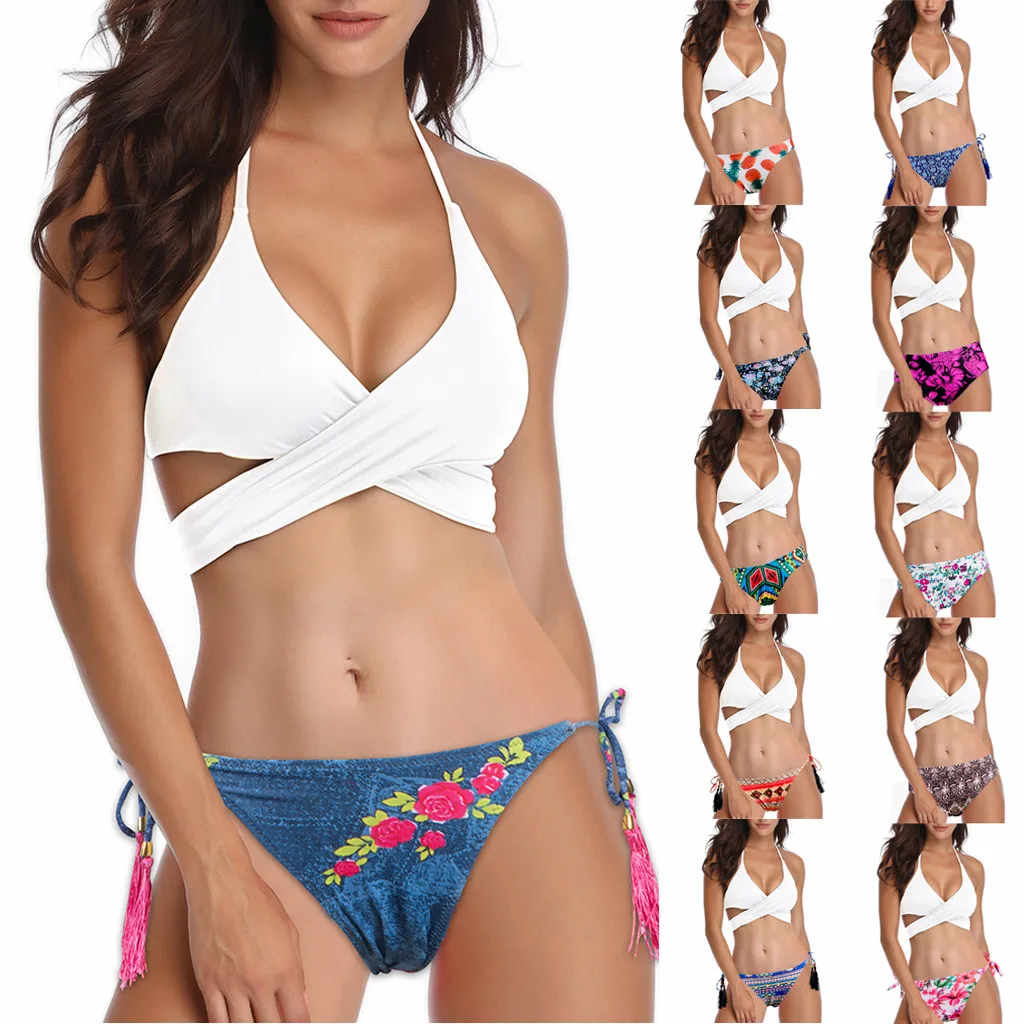 Для женщин пикантные однотонные белый Принт синий низ Бандажное с заниженной