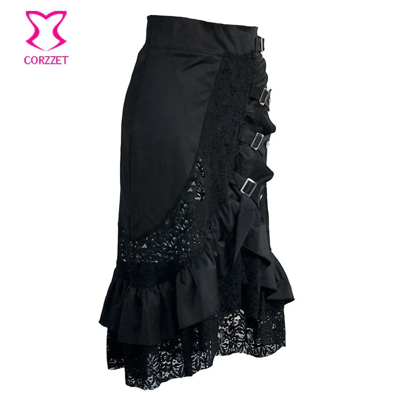 Victorian Black Satin &amp Lace Floral Ruffles Steampunk Skirt Burlesque Vintage Sexy Skirts Womens Plus Size 6XL Gothic Clothing | Женская