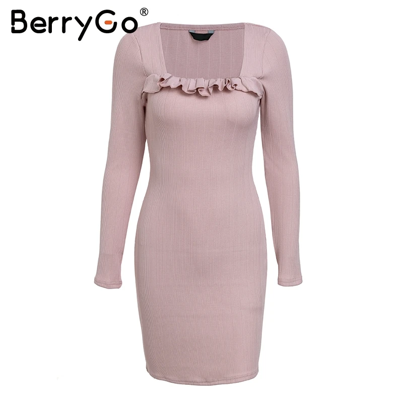 Nude Pink BerryGo винтажное вязаное платье-свитер с квадратным вырезом, женское сексуальное облегающее платье с оборками и длинным рукавом, осенне-зимние платья черного цвета - Цвет: Nude Pink